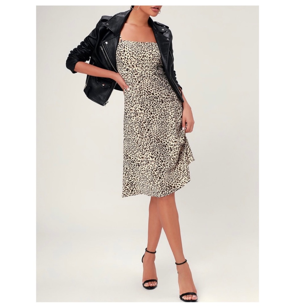 Lulus Wild Child Beige Leopard Animal Print Spaghetti Strap Midi Dress Large